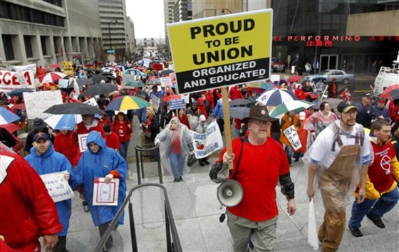 People protest against legislative efforts to do away with teachers' collective bargaining rights in Nashville, Tenn., on March 5, 2011. The measure passed in Tennessee this year and ended collective bargaining for teachers unions in the state.